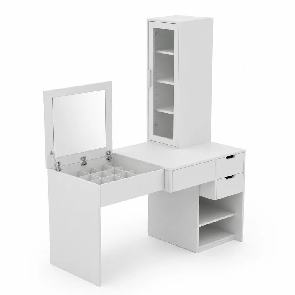Coiffeuse en bois composite blanc avec miroir et rangements
