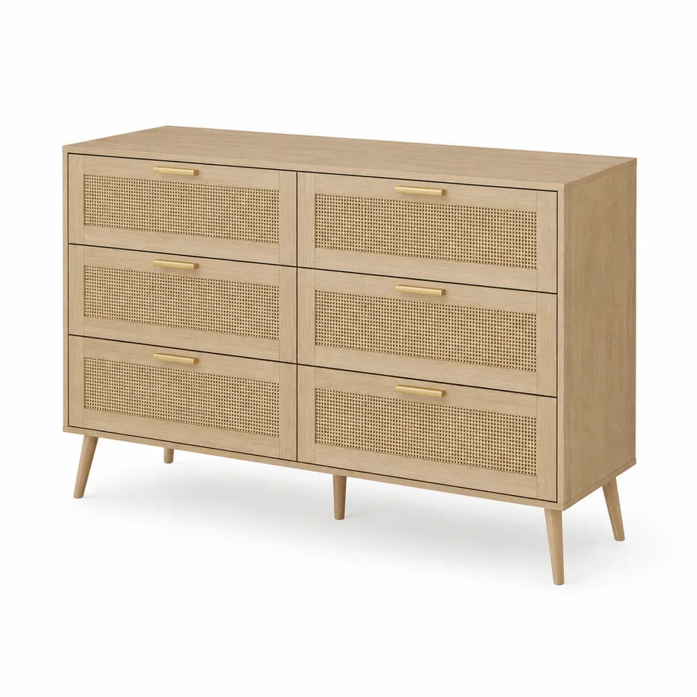 Commode en Bois et Rotin 6 Tiroirs