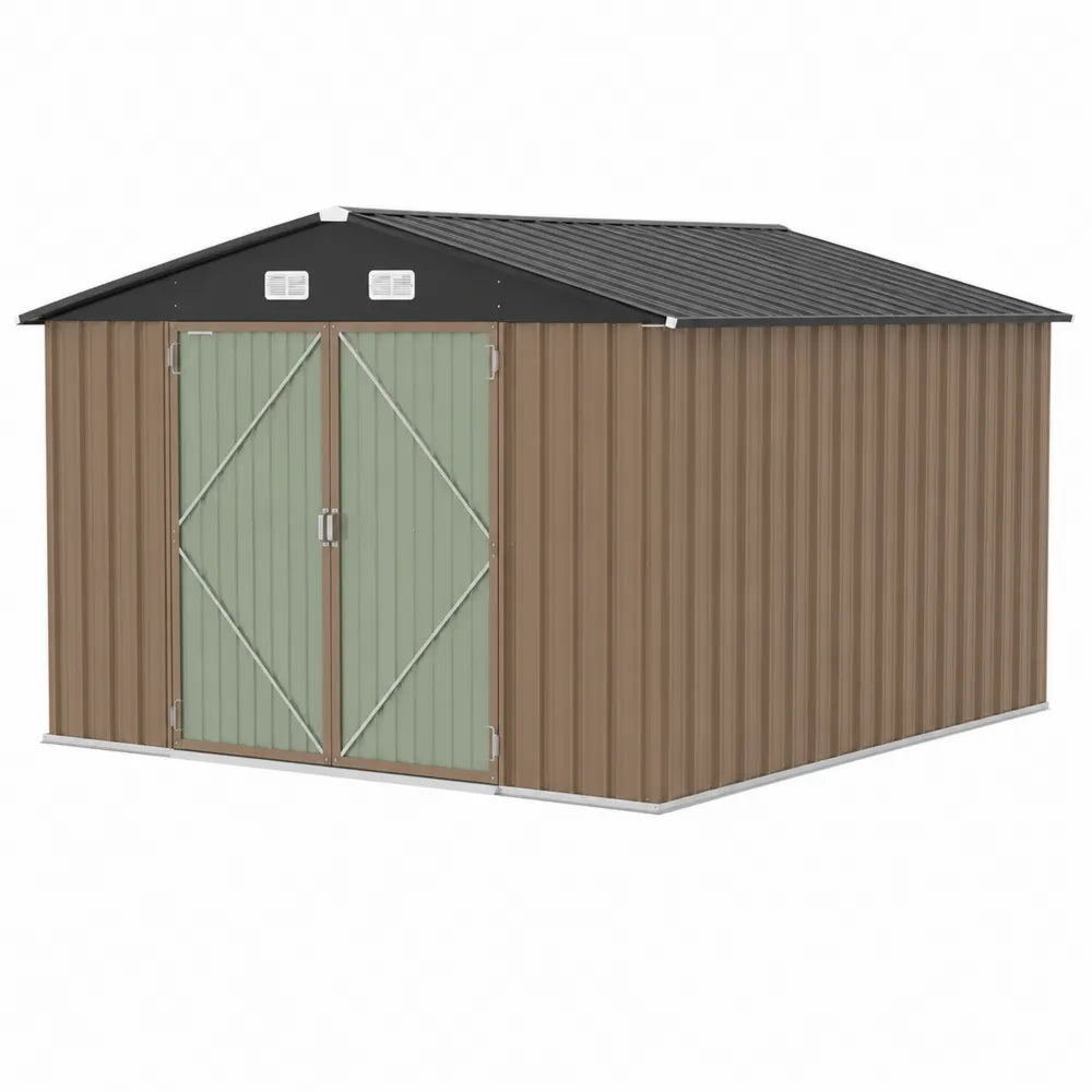 Abri de Jardin M¨¦tallique Beige/Vert en Acier Galvanis¨¦ avec Double Porte