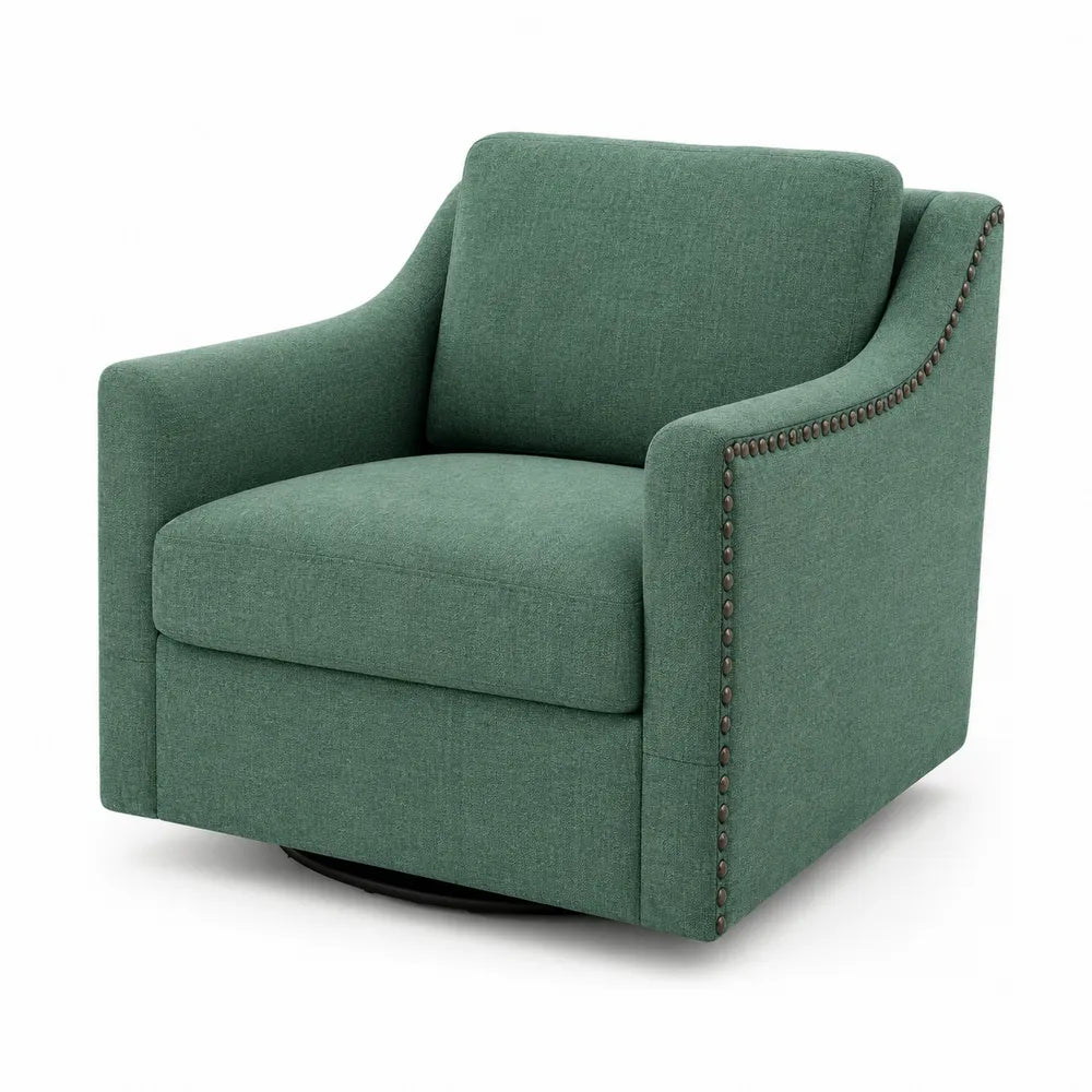 Fauteuil pivotant en tissu vert avec accoudoirs et clous d¨¦coratifs