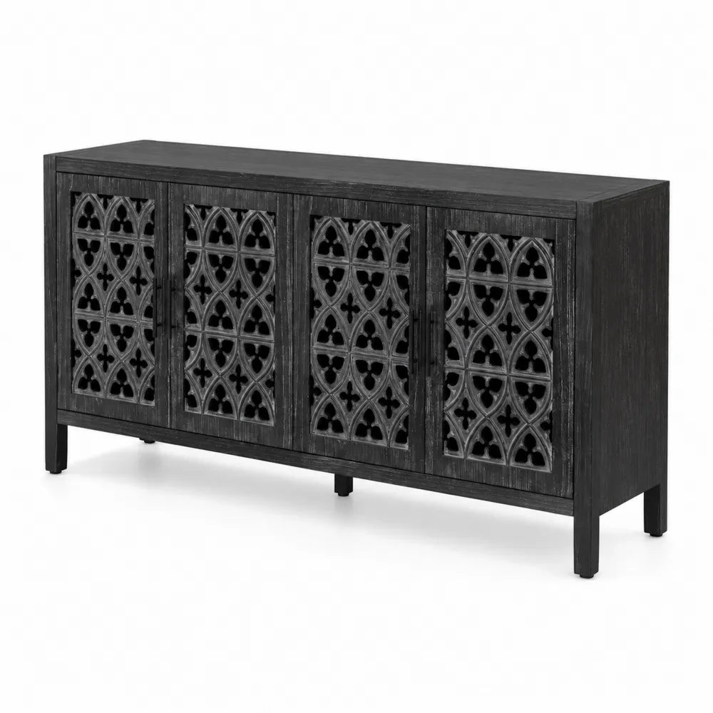 Buffet en Bois Noir avec Motifs Ajour¨¦s
