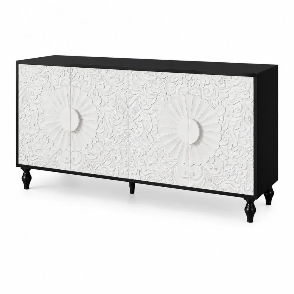 Buffet en bois massif Blanc et Noir 200x40x85 cm