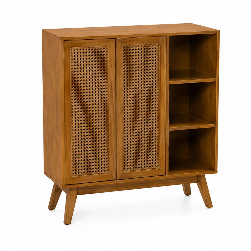 Buffet en bois d'h¨¦v¨¦a avec portes en rotin et ¨¦tag¨¨res ouvertes 100 cm Marron