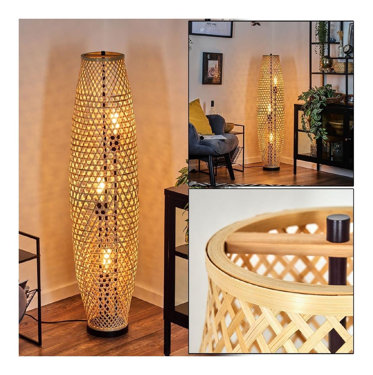 Lampadaire Noir et Ambre aux lignes epurees avec eclairage confortable 60 W IP20 E27