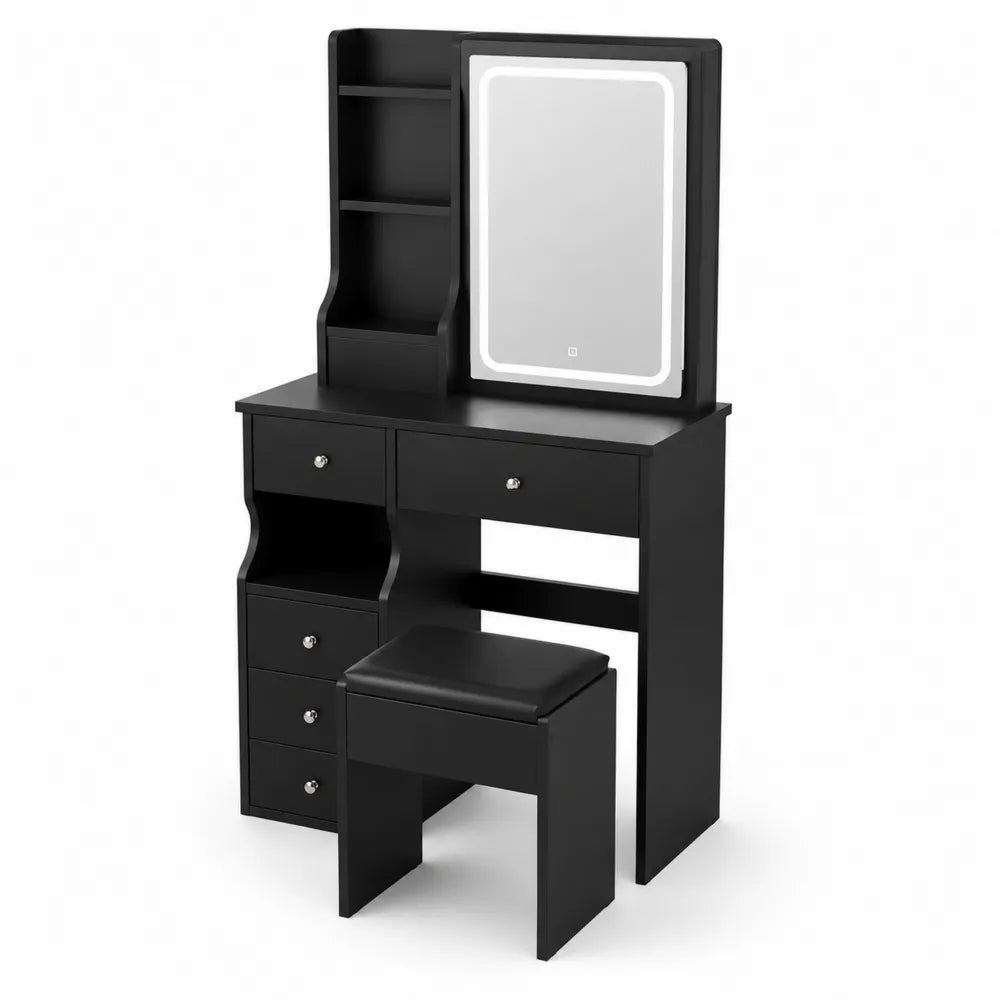 Coiffeuse en MDF avec miroir ¨¦clair¨¦ et tabouret en noir