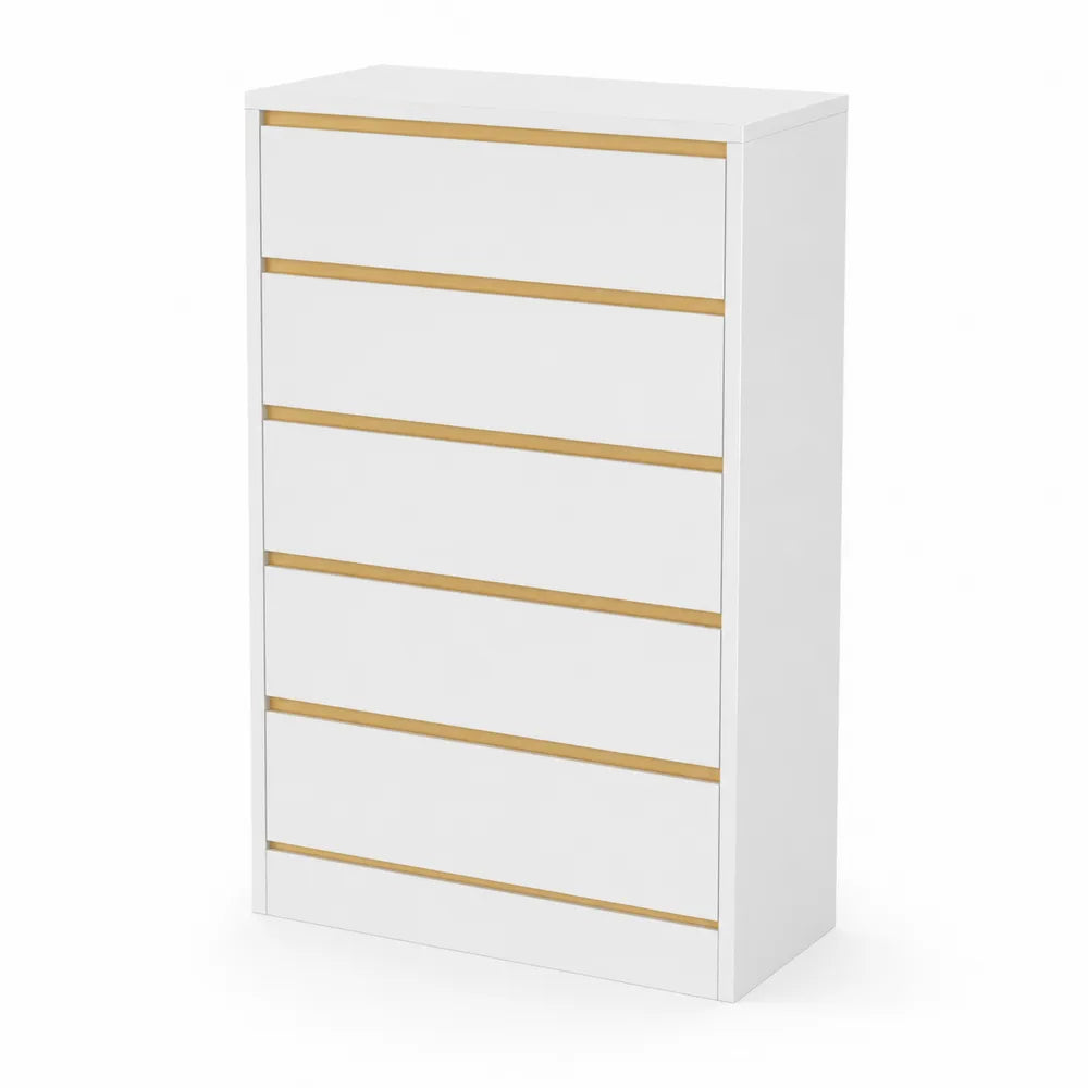 Commode 5 tiroirs en MDF Blanc et Bois