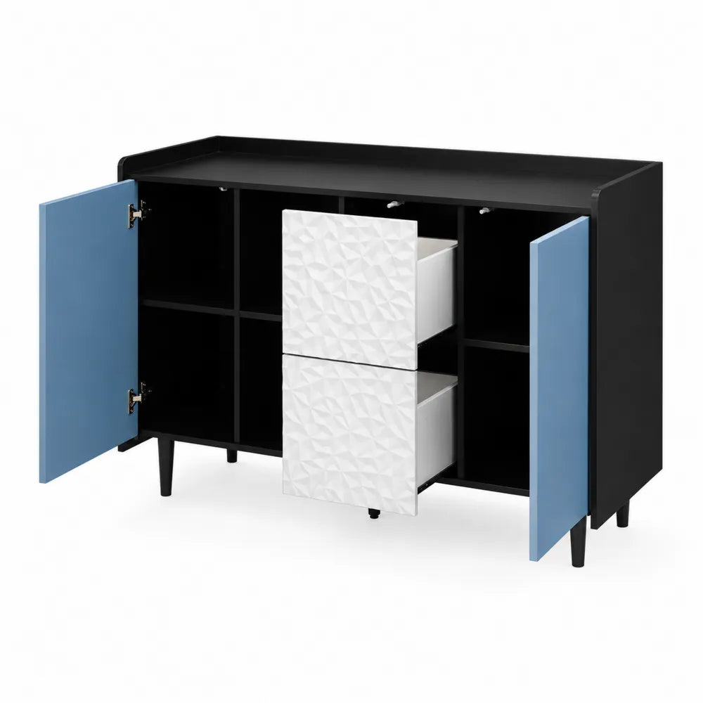Buffet en MDF avec Portes Bleues et Tiroirs Textur¨¦s Blancs 150x40x80 cm